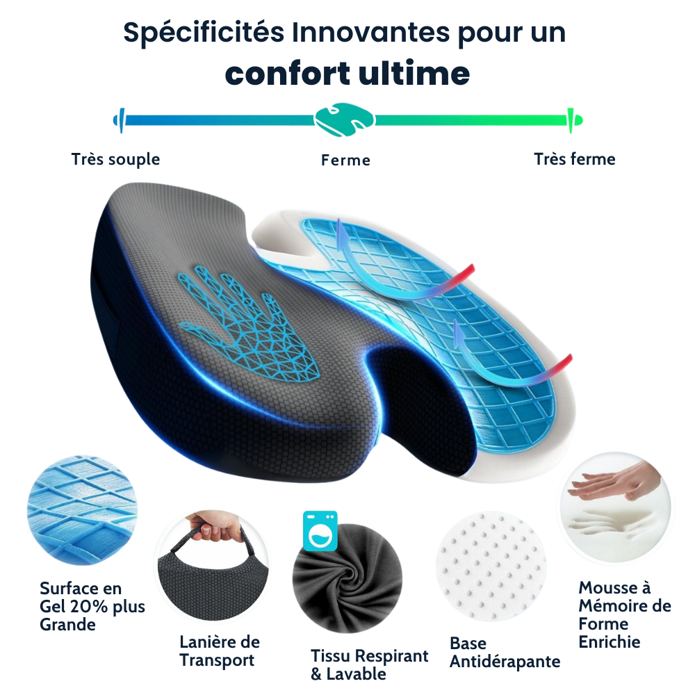 Détails entretient Coussin de siège à mémoire de forme avec surface en gel Omilys ErgoGel™