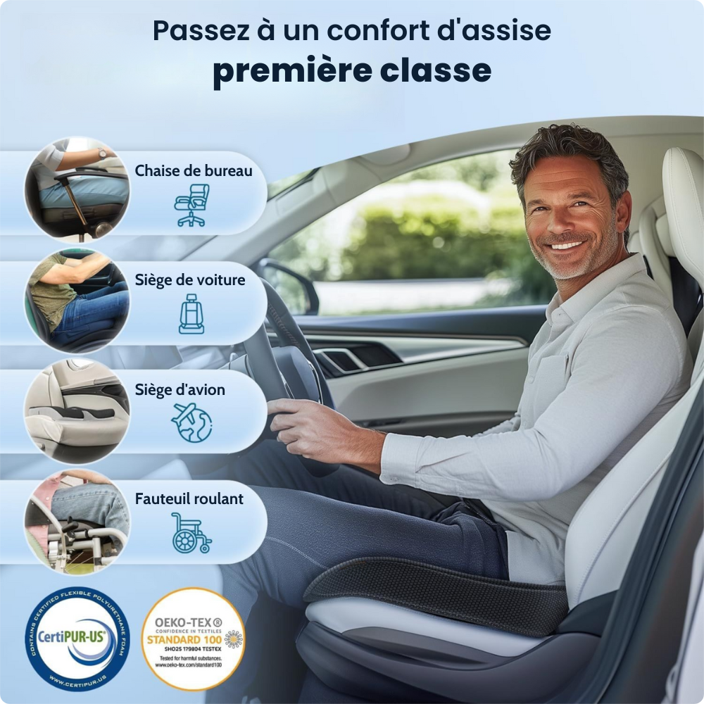 Détail utilisation Coussin de siège à mémoire de forme avec surface en gel Omilys ErgoGel™
